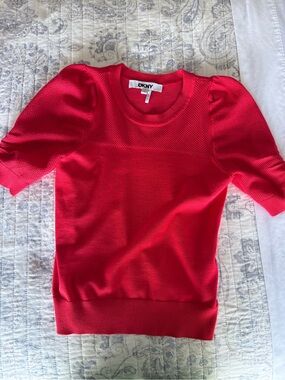 DKNY Red Puff Sleeve Knit Top